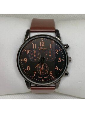 Geneva men watch black tone 42mm quartz analog brown leather band running